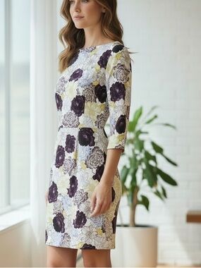suno silk floral sheath dress Suno Stretch Silk Cut Out-Waist Floral Short Sleeve Midi Dress Katy Perry choice